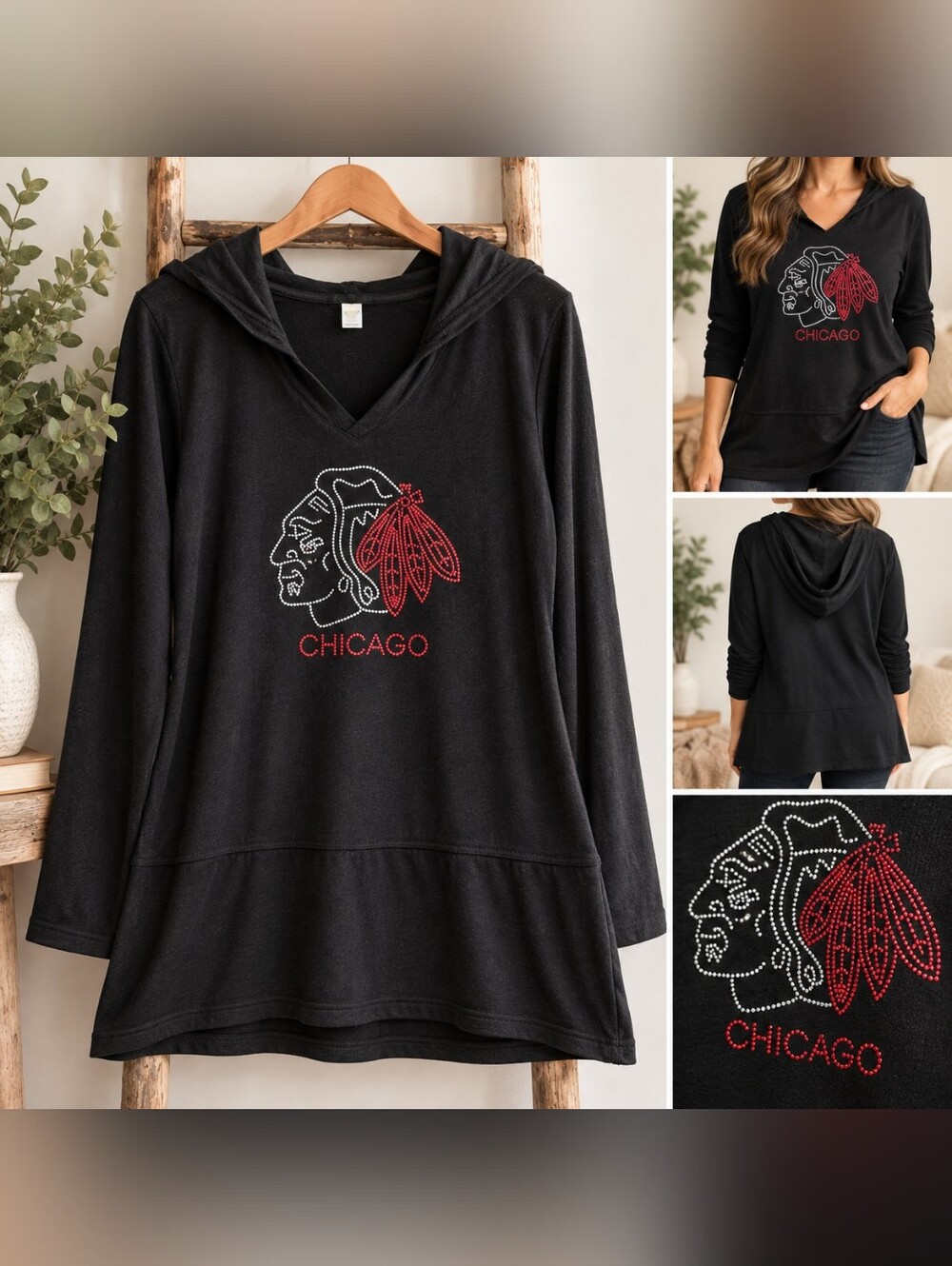 Chicago Blackhawks Rhinestone Hooded Tunic - Black - Picture 3 of 9